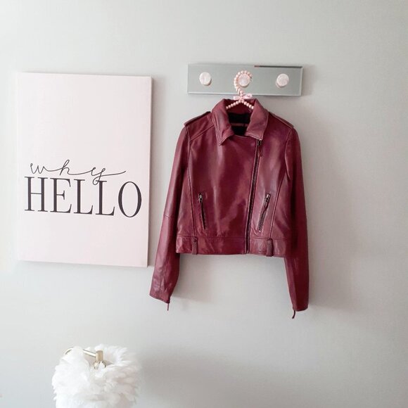 NWT Bod & Christensen faded bordeaux red moto cropped leather jacket, M - Picture 5 of 8